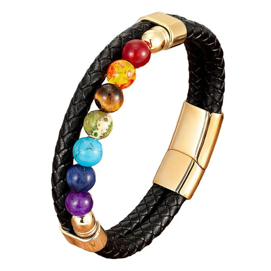 Chakra Stone & Leather Bracelet – Natural Beads with Black Genuine Leather & Stainless Steel Clasp