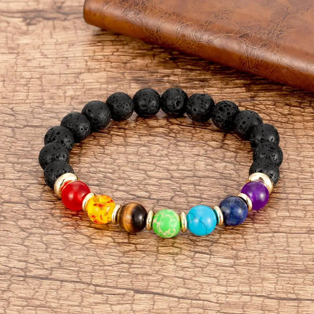 Chakra Stone & Leather Bracelet – Natural Beads with Black Genuine Leather & Stainless Steel Clasp
