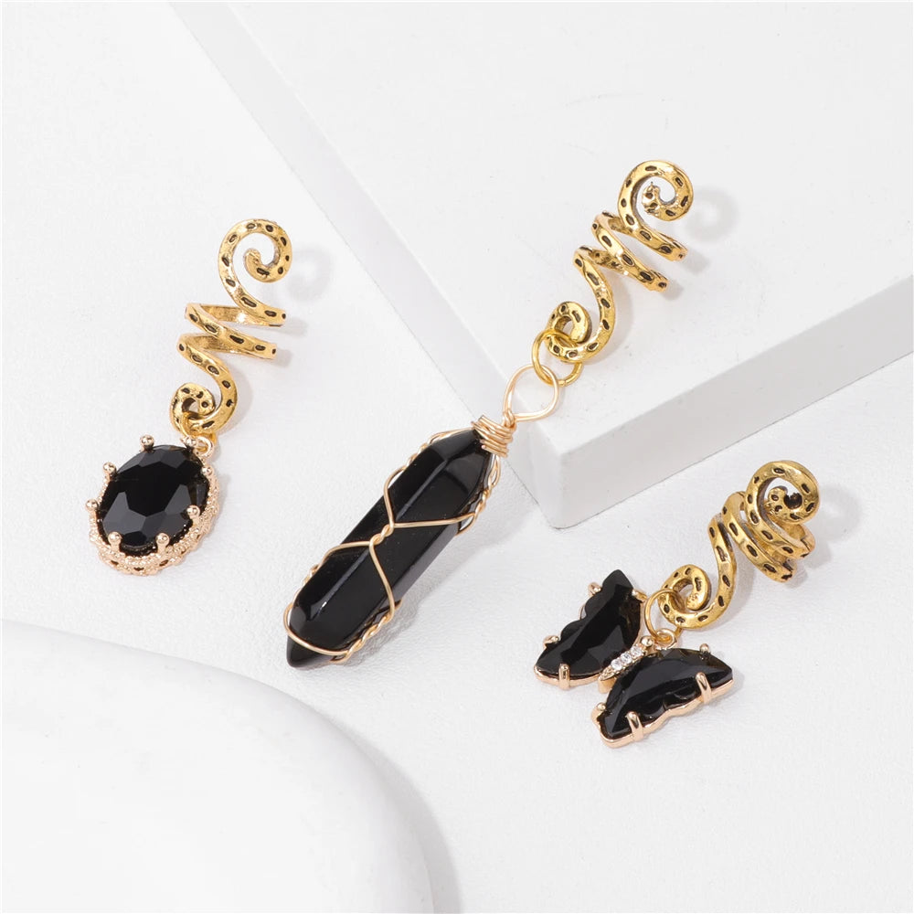 Green Crystal Aventurines Butterfly Hexagonal Prism round Shape Hair Clip 3Pcs/Set Headwear Women Healing Reiki Hair Accessories