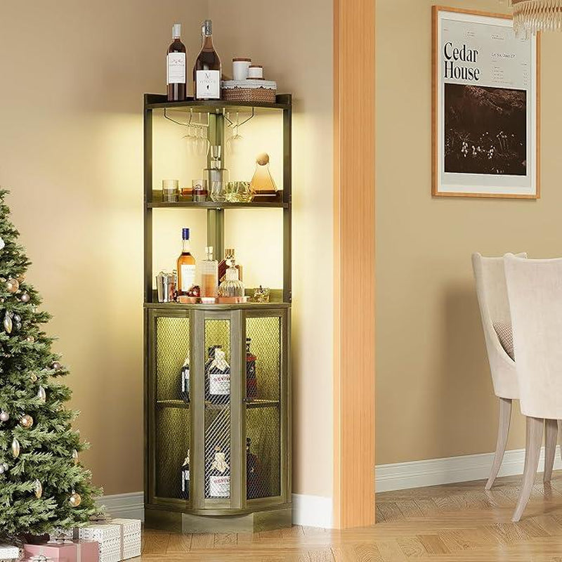 Corner Bar Cabinet with LED Lighting & Power Outlet – 65" Tall 5-Tier Wine & Liquor Display for Kitchen, Living Room, or Home Bar (Gray)
