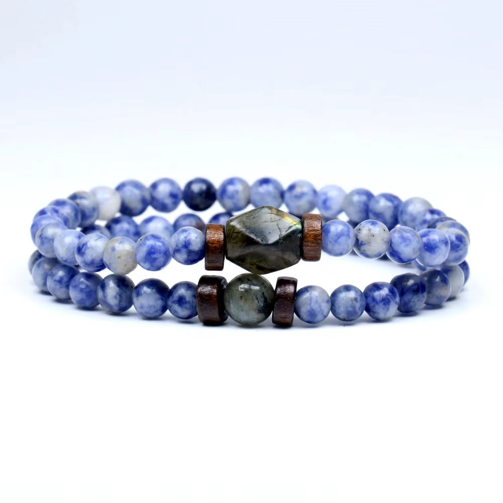 Lava Stone & Labradorite Chakra Bracelet Set – Moonstone, Wood Beads, Yoga Energy Jewelry for Men