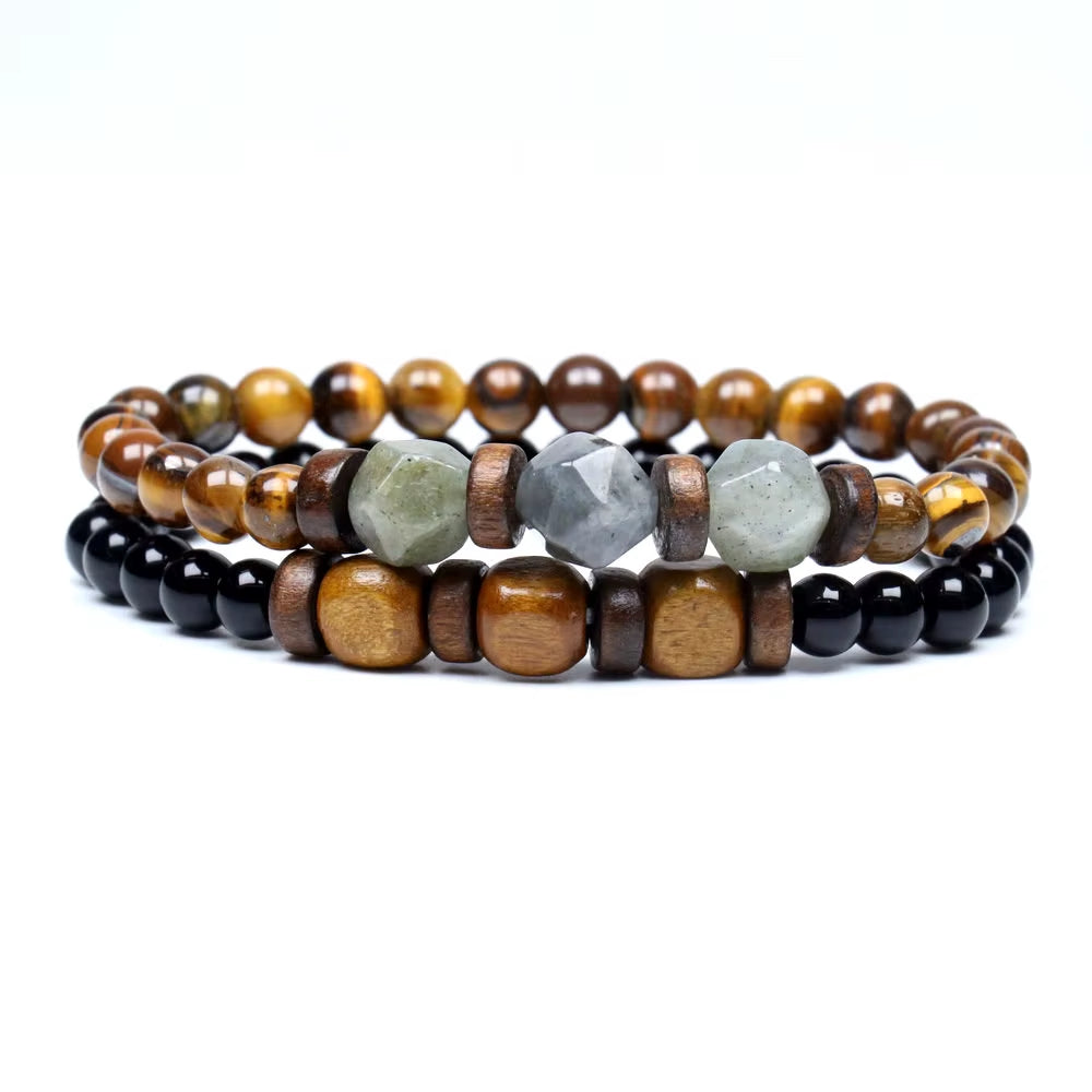 Lava Stone & Labradorite Chakra Bracelet Set – Moonstone, Wood Beads, Yoga Energy Jewelry for Men
