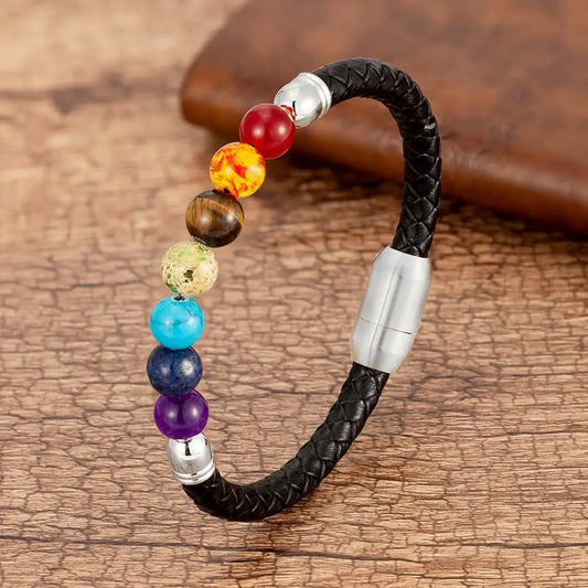 Chakra Stone & Leather Bracelet – Natural Beads with Black Genuine Leather & Stainless Steel Clasp