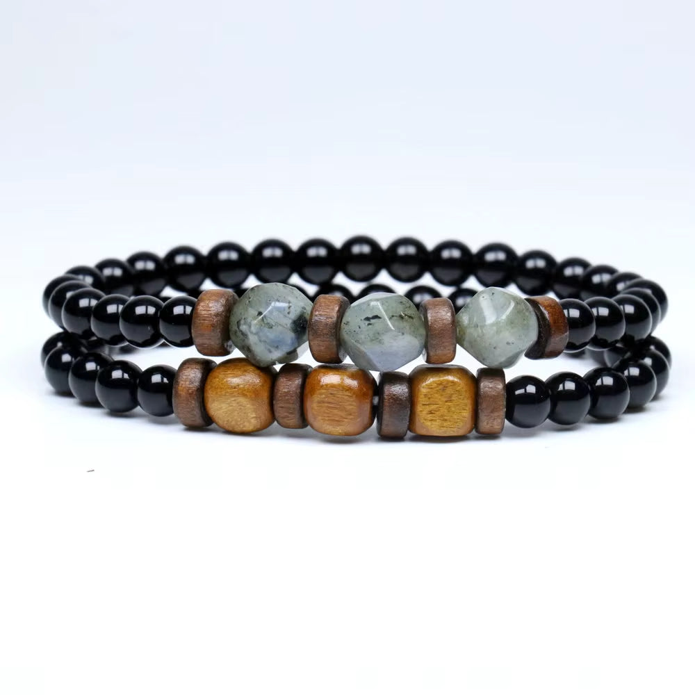 Lava Stone & Labradorite Chakra Bracelet Set – Moonstone, Wood Beads, Yoga Energy Jewelry for Men